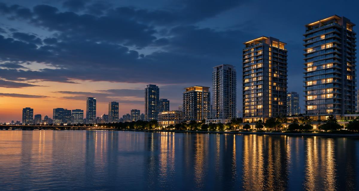 Luxury residential towers on the Lagos waterfront at dusk