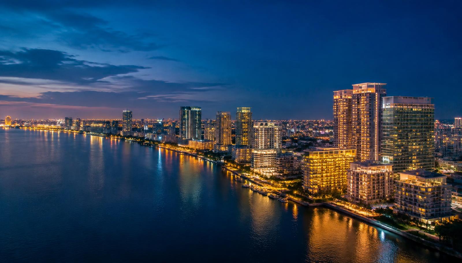 Aerial view of the Lagos lagoon waterfront at dusk